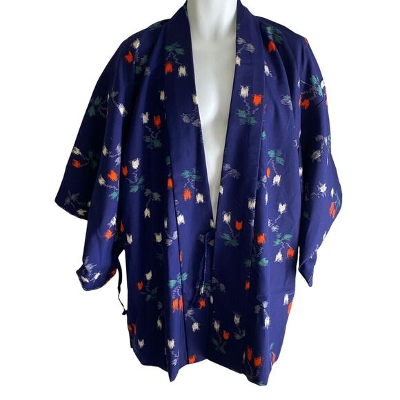 Vtg AI Kimono Jacket Womens Medium Navy Blue Red Floral Print Yukata Robe Japan - Picture 3 of 9